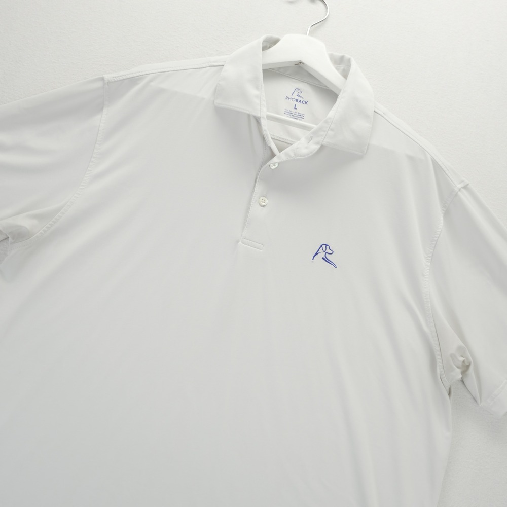 Rhoback Mens Large White Performance Short Sleeve Golf Polo Shirt Blue Dog Logo